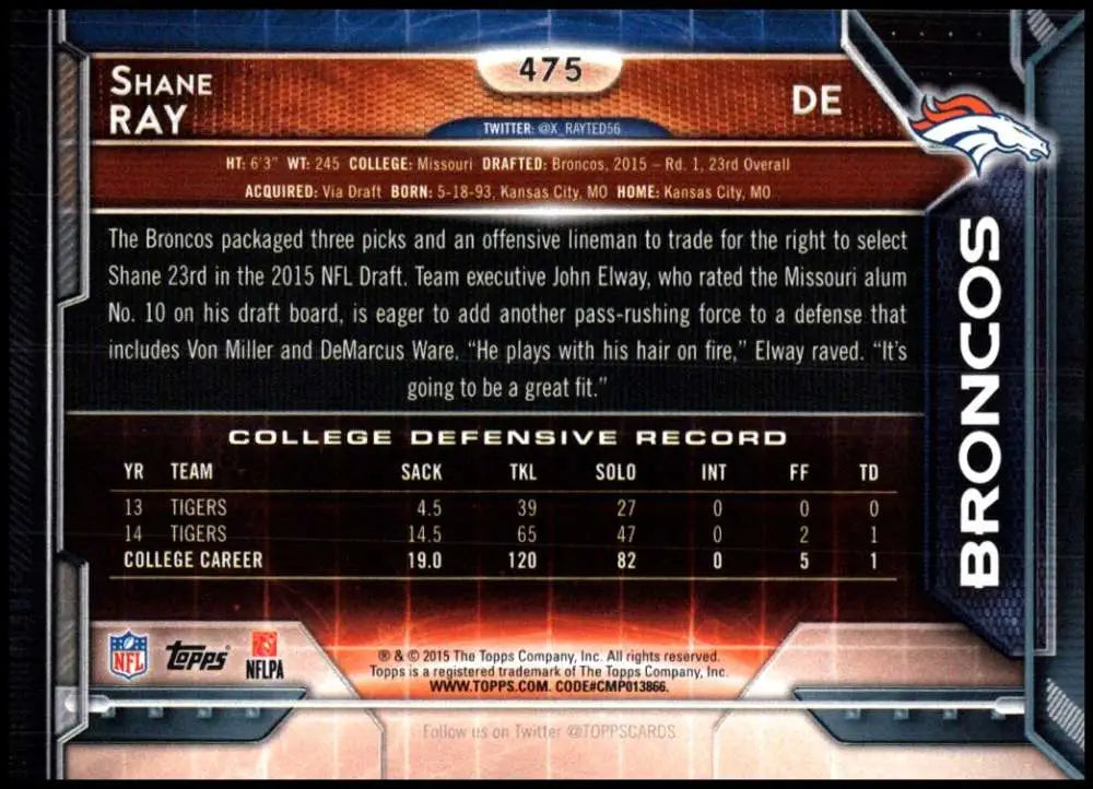 2015 Topps #475 Shane Ray NM-MT RC Rookie Denver Broncos Football Card - Football Card Single