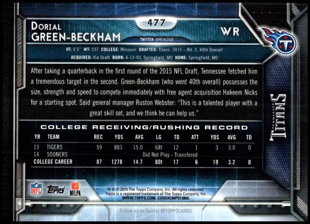 2015 Topps #477 Dorial Green-Beckham NM-MT RC Rookie Tennessee Titans Football Card - Football Card Single