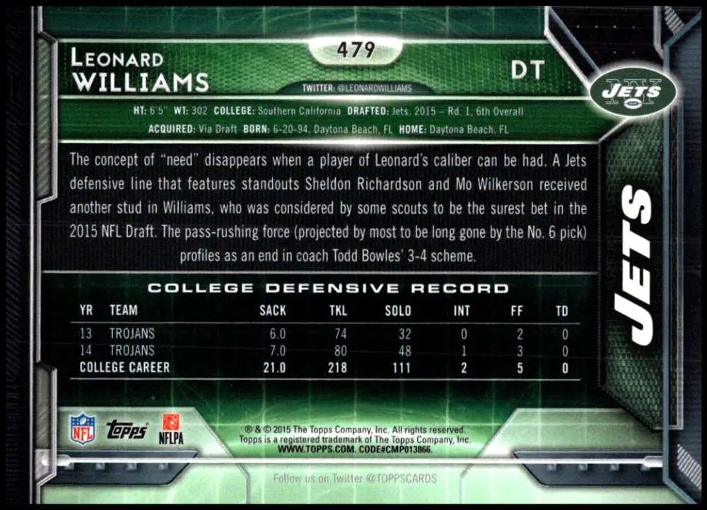 2015 Topps #479 Leonard Williams NM-MT RC Rookie New York Jets Football Card - Football Card Single