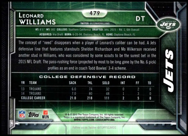 2015 Topps #479 Leonard Williams NM-MT RC Rookie New York Jets Football Card - Football Card Single