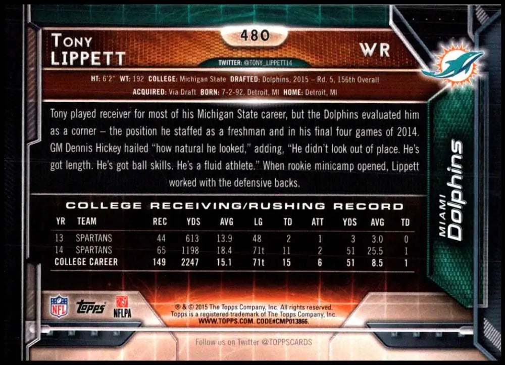2015 Topps #480 Tony Lippett NM-MT RC Rookie Miami Dolphins Football Card - Football Card Single