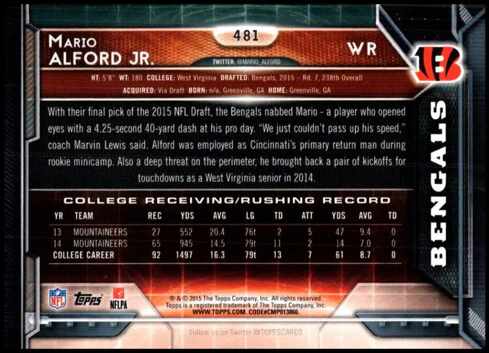 2015 Topps #481 Mario Alford Jr. NM-MT RC Rookie Cincinnati Bengals Football Card - Football Card Single