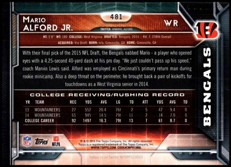 2015 Topps #481 Mario Alford Jr. NM-MT RC Rookie Cincinnati Bengals Football Card - Football Card Single