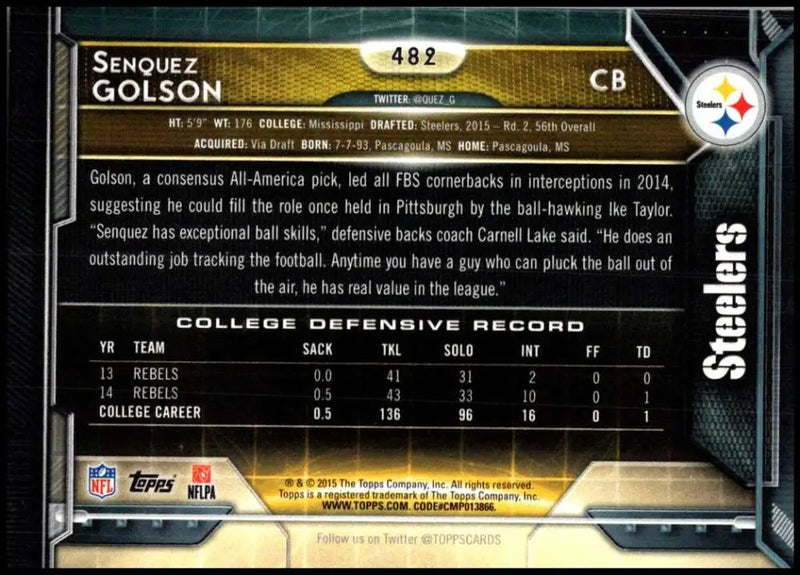 2015 Topps #482 Senquez Golson NM-MT RC Rookie Pittsburgh Steelers Football Card - Football Card Single