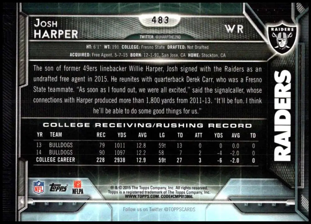 2015 Topps #483 Josh Harper NM-MT RC Rookie Oakland Raiders Football Card - Football Card Single