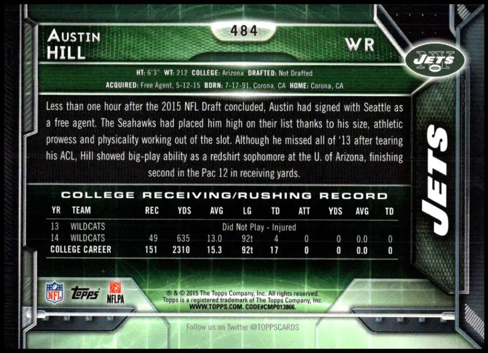 2015 Topps #484 Austin Hill NM-MT RC Rookie New York Jets Football Card - Football Card Single