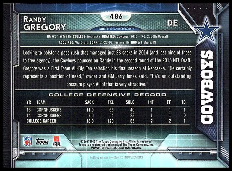 2015 Topps #486 Randy Gregory NM-MT RC Rookie Dallas Cowboys Football Card - Football Card Single