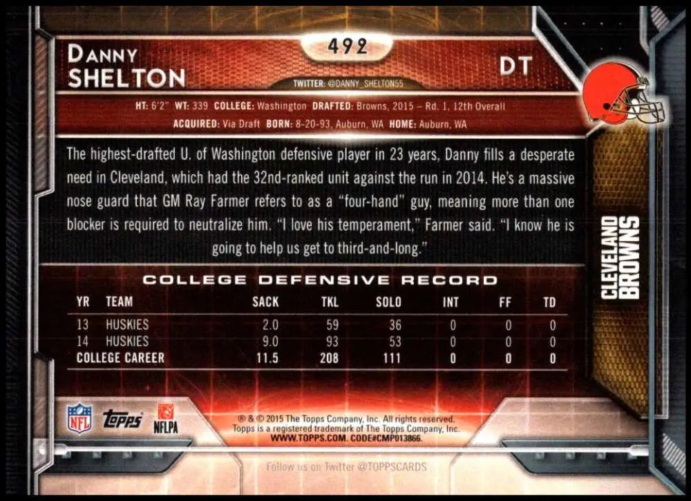 2015 Topps #492 Danny Shelton NM-MT RC Rookie Cleveland Browns Football Card - Football Card Single
