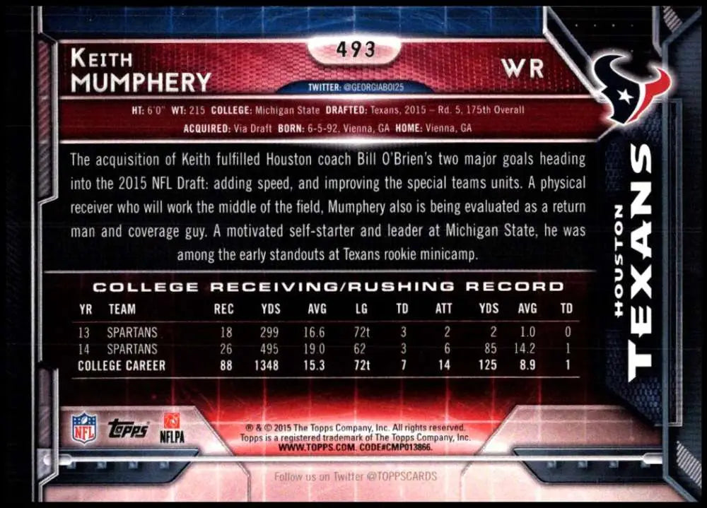 2015 Topps #493 Keith Mumphery NM-MT RC Rookie Houston Texans Football Card - Football Card Single