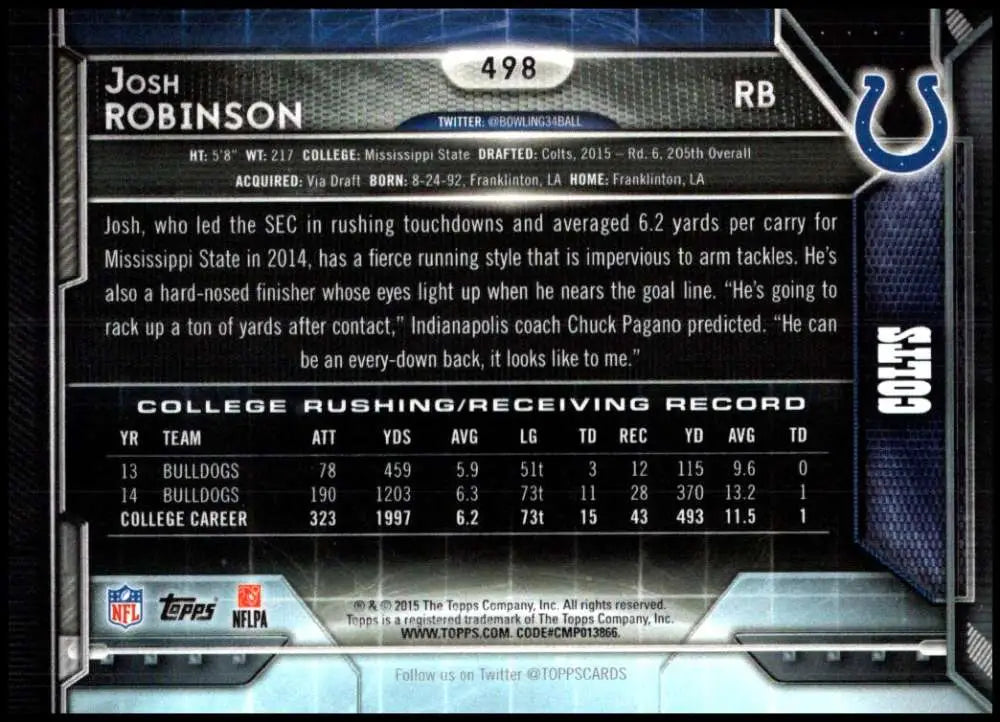 2015 Topps #498 Josh Robinson NM-MT RC Rookie Indianapolis Colts Football Card - Football Card Single