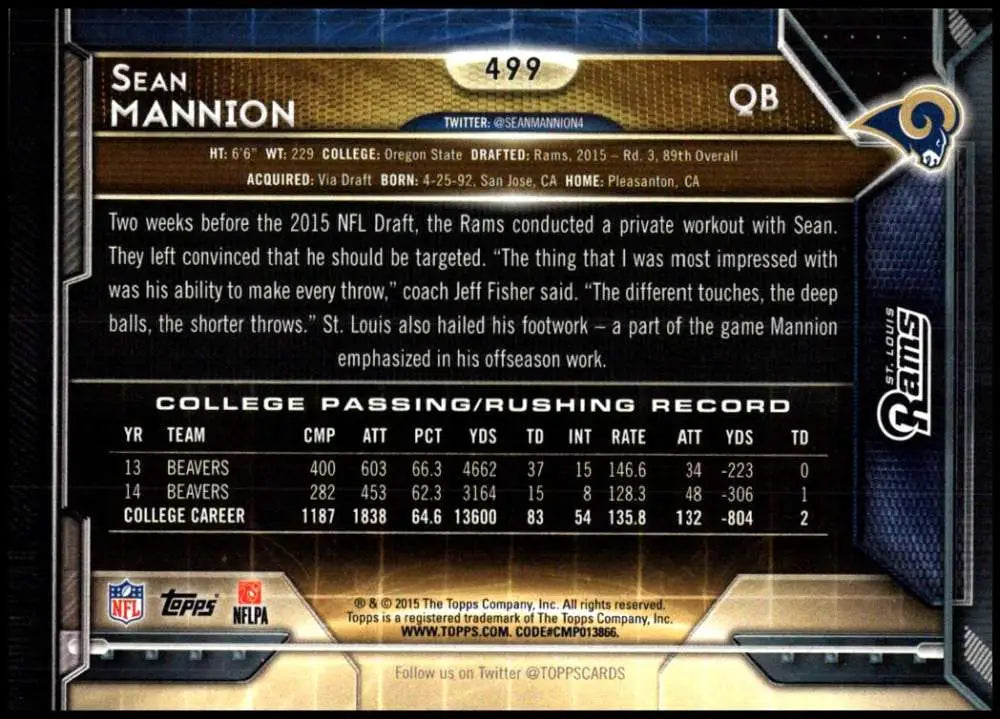 2015 Topps #499 Sean Mannion NM-MT RC Rookie St. Louis Rams Football Card - Football Card Single