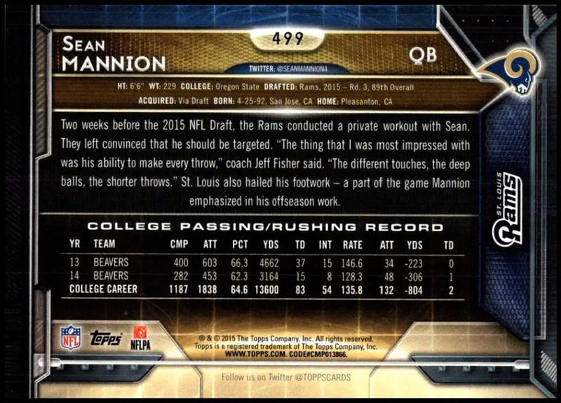 2015 Topps #499 Sean Mannion NM-MT RC Rookie St. Louis Rams Football Card - Football Card Single