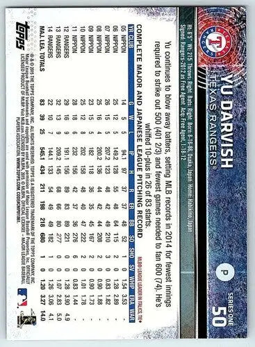 Original gloss 2015 Topps Yu Darvish NM-MT Rangers baseball card with career stats