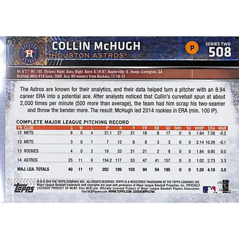 2015 Topps #508 Collin McHugh NM-MT Houston Astros Baseball Card - Baseball Card Single
