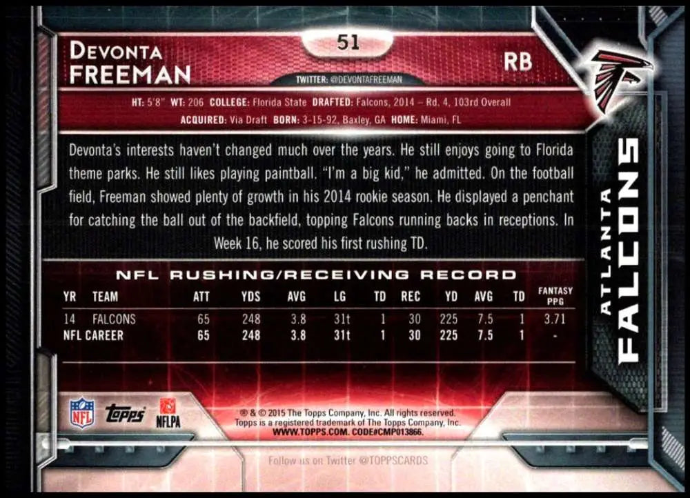 2015 Topps #51 Devonta Freeman NM-MT Atlanta Falcons Football Card - Football Card Single
