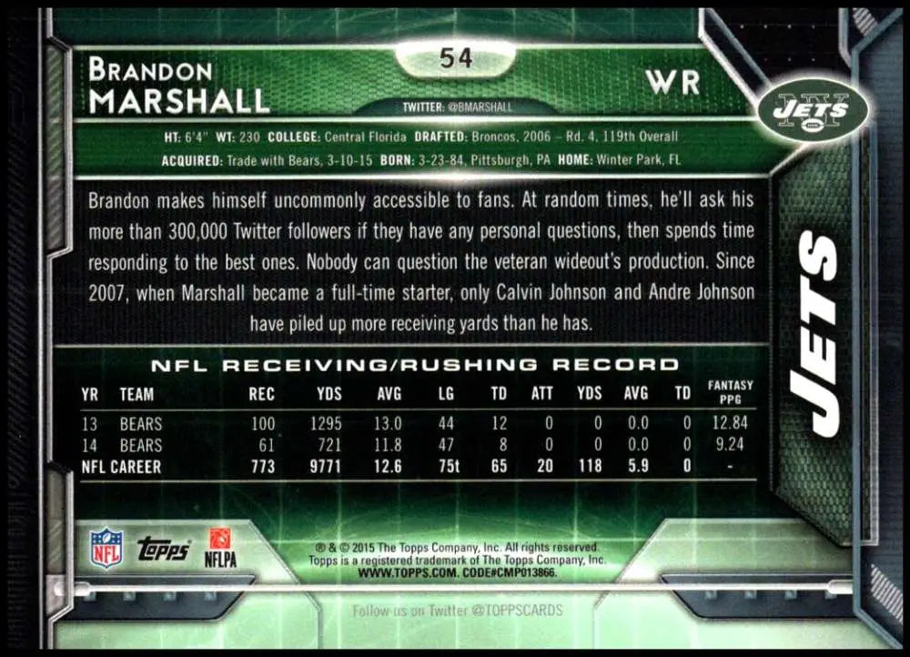 2015 Topps #54 Brandon Marshall NM-MT New York Jets Football Card - Football Card Single