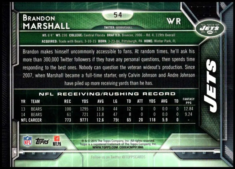 2015 Topps #54 Brandon Marshall NM-MT New York Jets Football Card - Football Card Single