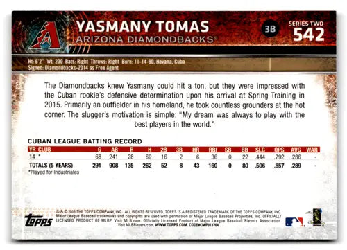 Original gloss Yasmany Tomas rookie Diamondbacks baseball card 2015 Topps #542