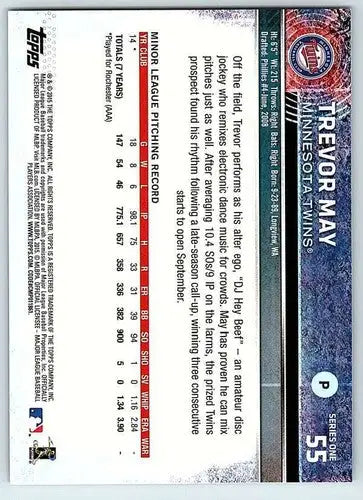 Original gloss Trevor May rookie Twins baseball card 2015 Topps NM-MT RC