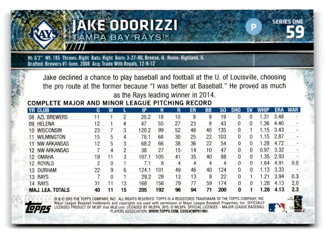 2015 Topps #59 Jake Odorizzi - Baseball Card Single