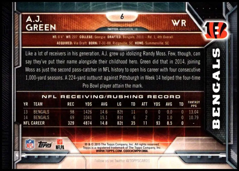 2015 Topps #6 A.J. Green NM-MT Cincinnati Bengals Football Card - Football Card Single