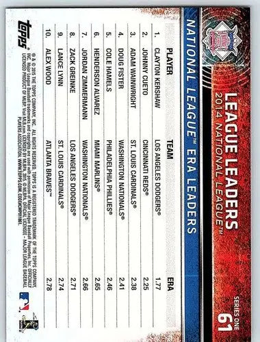 2015 Topps #61 Johnny Cueto/Clayton Kershaw/Adam Wainwright NM-MT Leagu ID:72283 - Baseball Card Single