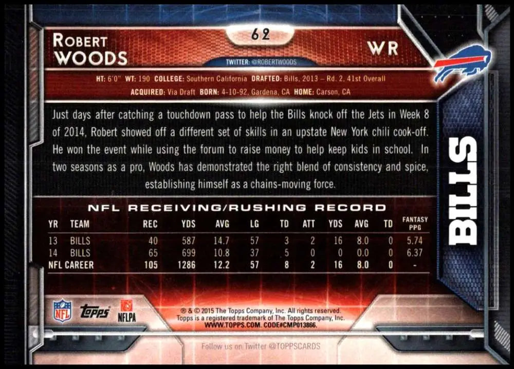 2015 Topps #62 Robert Woods NM-MT Buffalo Bills Football Card - Football Card Single