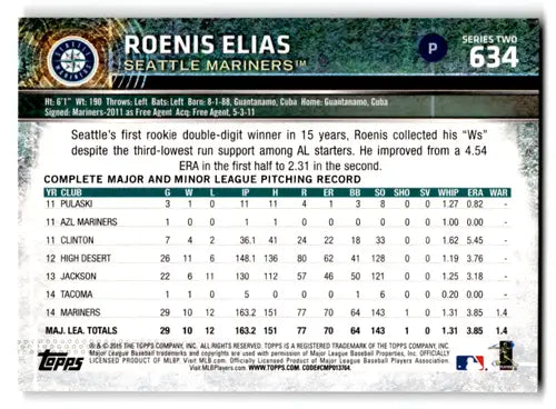 2015 Topps #634 Roenis Elias NM-MT Mariners ID:70873 - Baseball Card Single