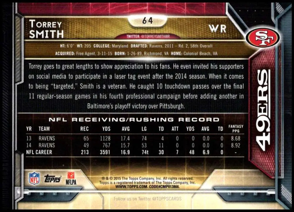 2015 Topps #64 Torrey Smith NM-MT San Francisco 49ers Football Card - Football Card Single