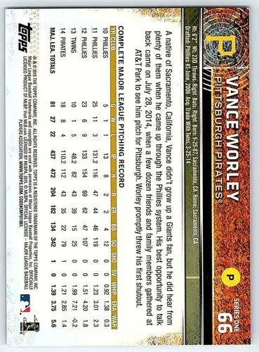 Original gloss Vance Worley baseball card 2015 Topps #66 Vance Worley NM-MT Pirates