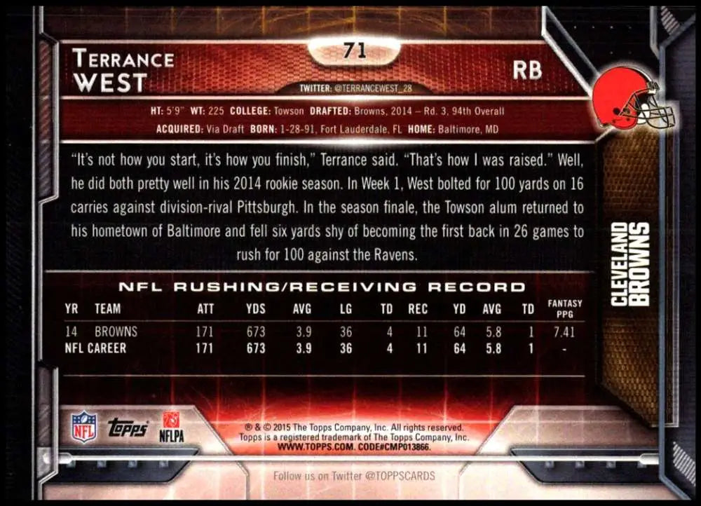2015 Topps #71 Terrance West NM-MT Cleveland Browns Football Card - Football Card Single