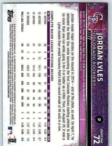 Original gloss Jordan Lyles NM-MT baseball card from 2015 Topps #72 featuring Jordan Lyles