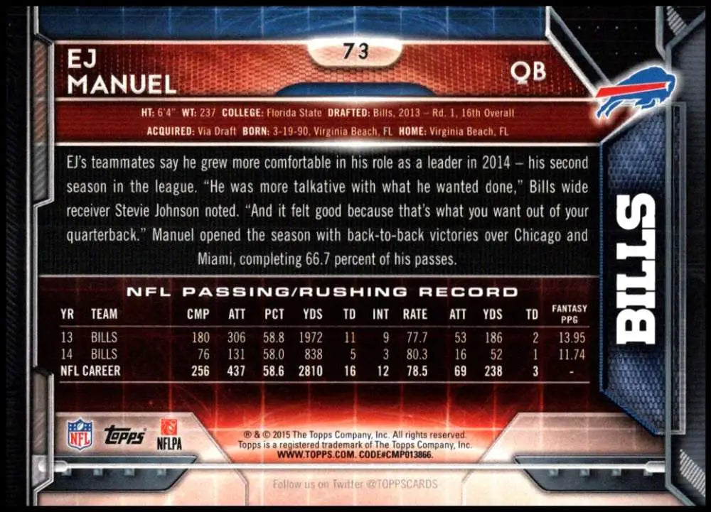2015 Topps #73 EJ Manuel NM-MT Buffalo Bills Football Card - Football Card Single