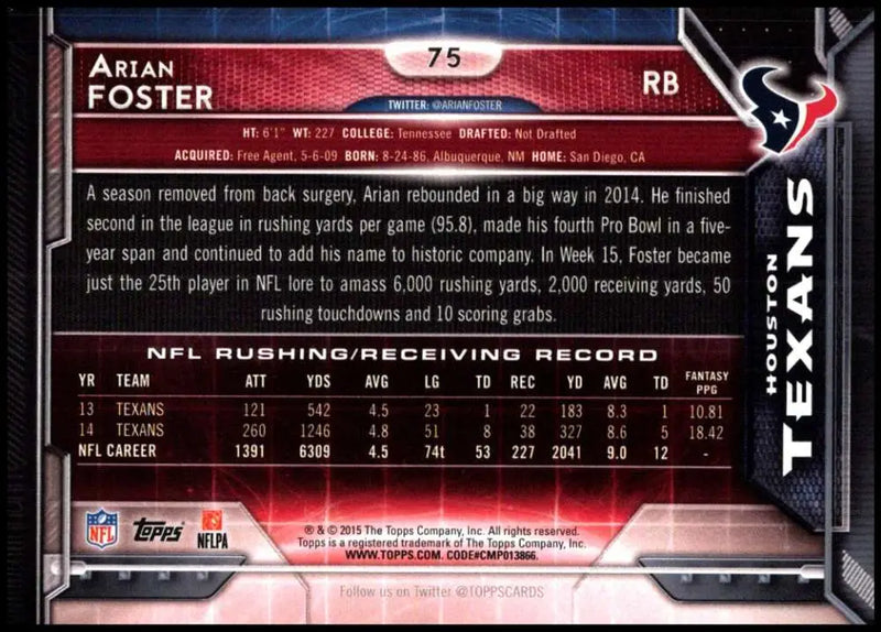 2015 Topps #75 Arian Foster NM-MT Houston Texans Football Card - Football Card Single