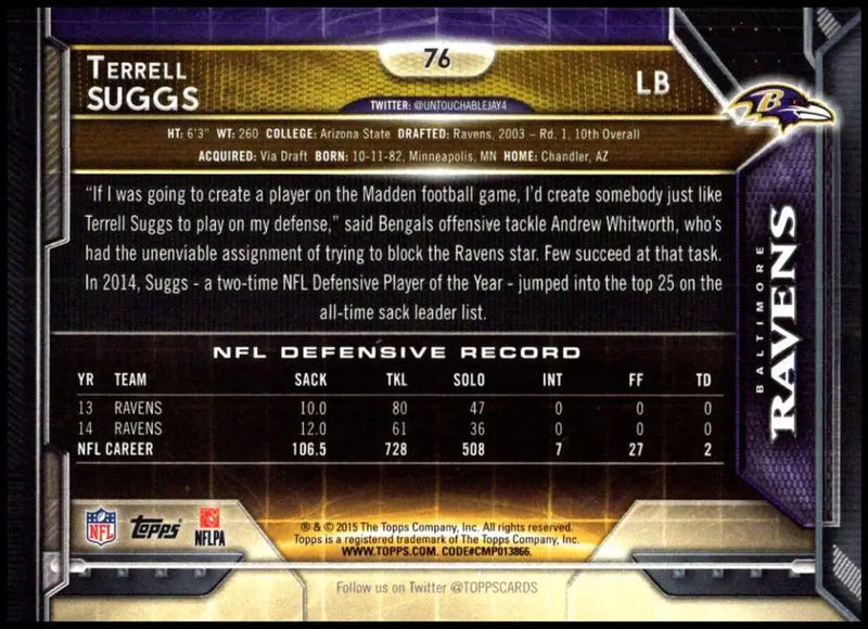 2015 Topps #76 Terrell Suggs NM-MT Baltimore Ravens Football Card - Football Card Single