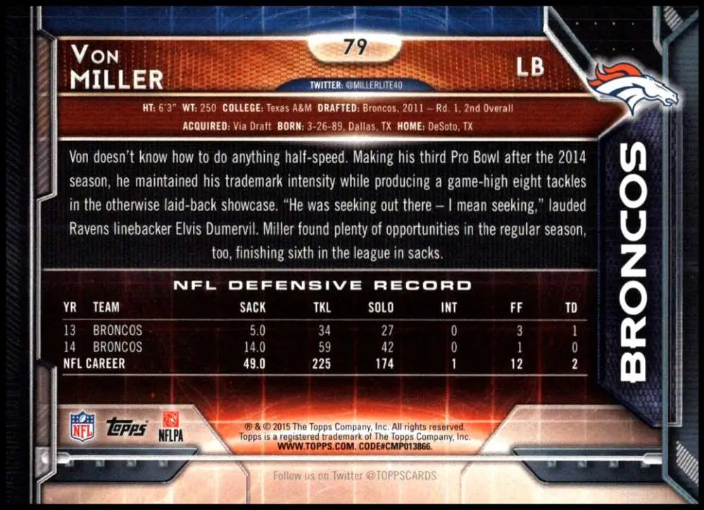 2015 Topps #79 Von Miller NM-MT Denver Broncos Football Card - Football Card Single