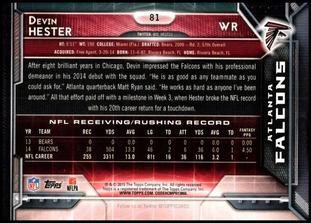 2015 Topps #81 Devin Hester NM-MT Atlanta Falcons Football Card - Football Card Single