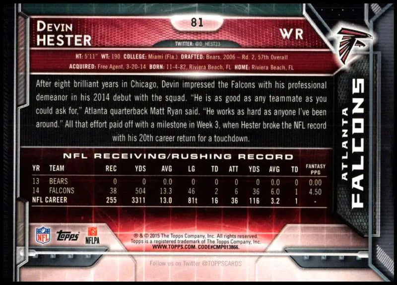 2015 Topps #81 Devin Hester NM-MT Atlanta Falcons Football Card - Football Card Single