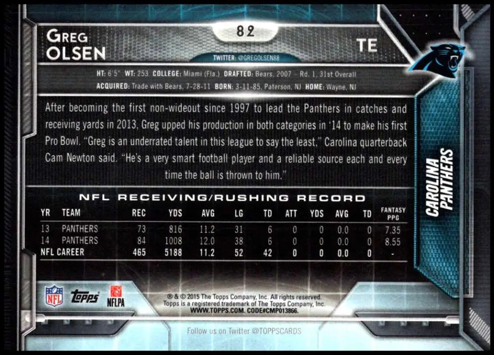 2015 Topps #82 Greg Olsen NM-MT Carolina Panthers Football Card - Football Card Single