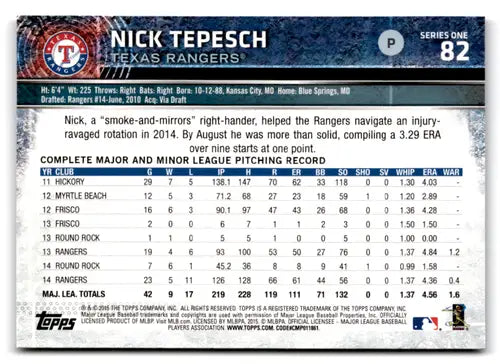 2015 Topps #82 Nick Tepesch NM-MT Rangers ID:73155 - Baseball Card Single