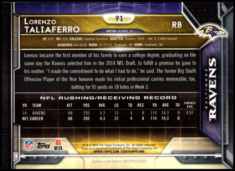 2015 Topps #91 Lorenzo Taliaferro NM-MT Baltimore Ravens Football Card - Football Card Single
