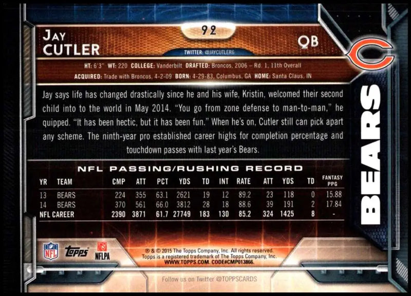 2015 Topps #92 Jay Cutler NM-MT Chicago Bears Football Card - Football Card Single