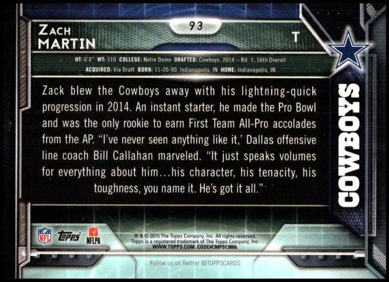 2015 Topps #93 Zach Martin NM-MT Dallas Cowboys Football Card