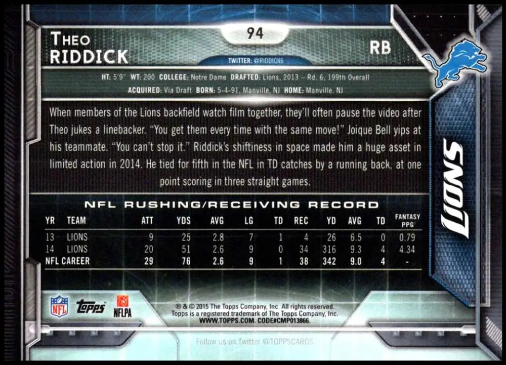 2015 Topps #94 Theo Riddick NM-MT Detroit Lions Football Card
