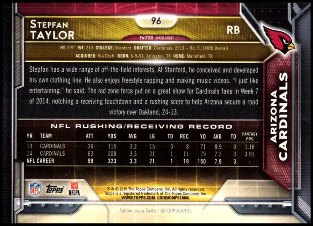 2015 Topps #96 Stepfan Taylor NM-MT Arizona Cardinals Football Card