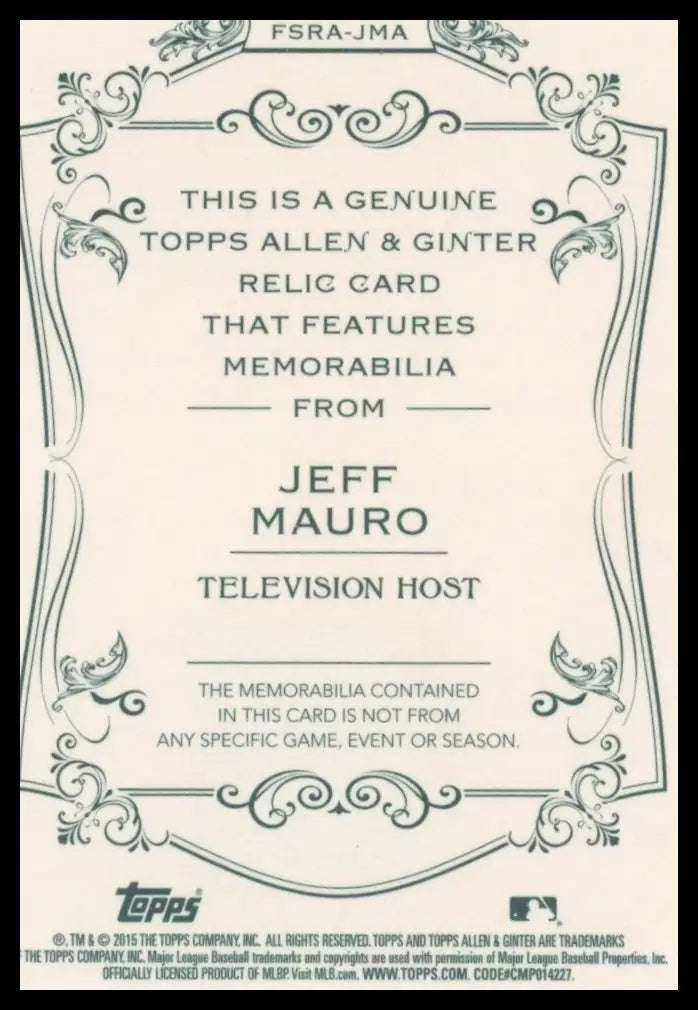 2015 Topps Allen & Ginter - Full Size Relic Jeff Mauro FSRA-JMA Memorabilia NM - Baseball Card Single