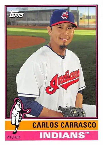 Original gloss of Carlos Carrasco baseball card from 2015 Topps Archives series