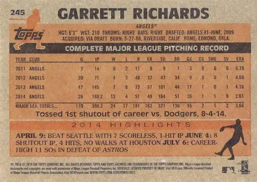 Original gloss Garrett Richards baseball card from 2015 Topps Archives series