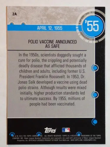 Baseball card back from 2015 Topps Baseball History featuring Polio Vaccine info NM-MT