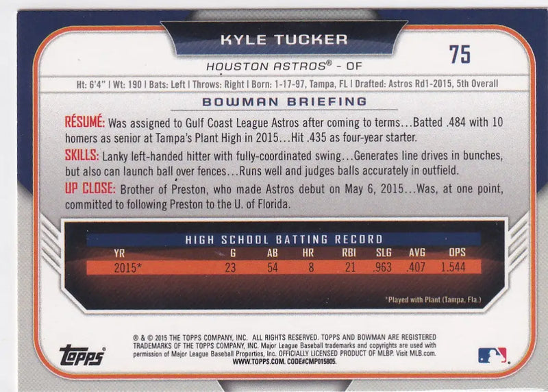 2015 TOPPS BOWMAN #75 KYLE TUCKER- HOUSTON ASTROS